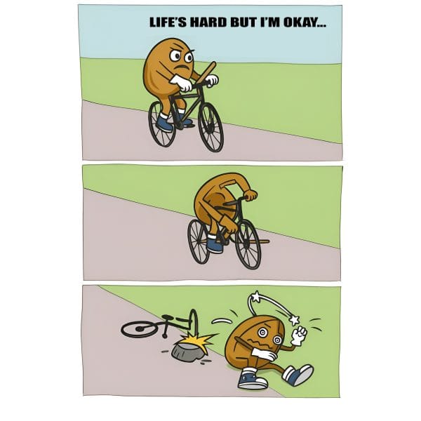 Cartoon Walnut Brain riding a bike, poking its own wheel with a stick, then falling and blaming the crash — representing how Non-Nurturing Elements™ cause self-sabotage.