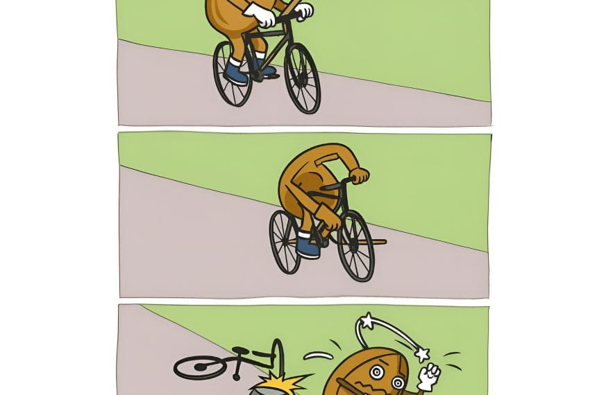 Cartoon Walnut Brain riding a bike, poking its own wheel with a stick, then falling and blaming the crash — representing how Non-Nurturing Elements™ cause self-sabotage.