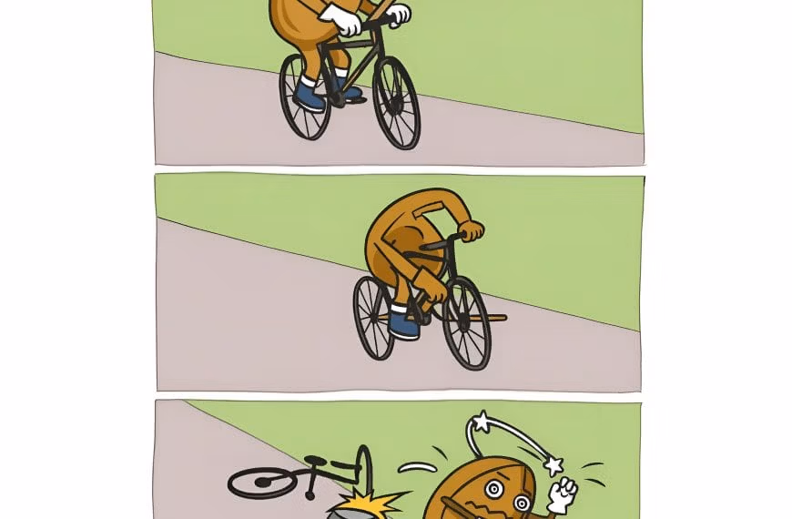 Cartoon Walnut Brain riding a bike, poking its own wheel with a stick, then falling and blaming the crash — representing how Non-Nurturing Elements™ cause self-sabotage.