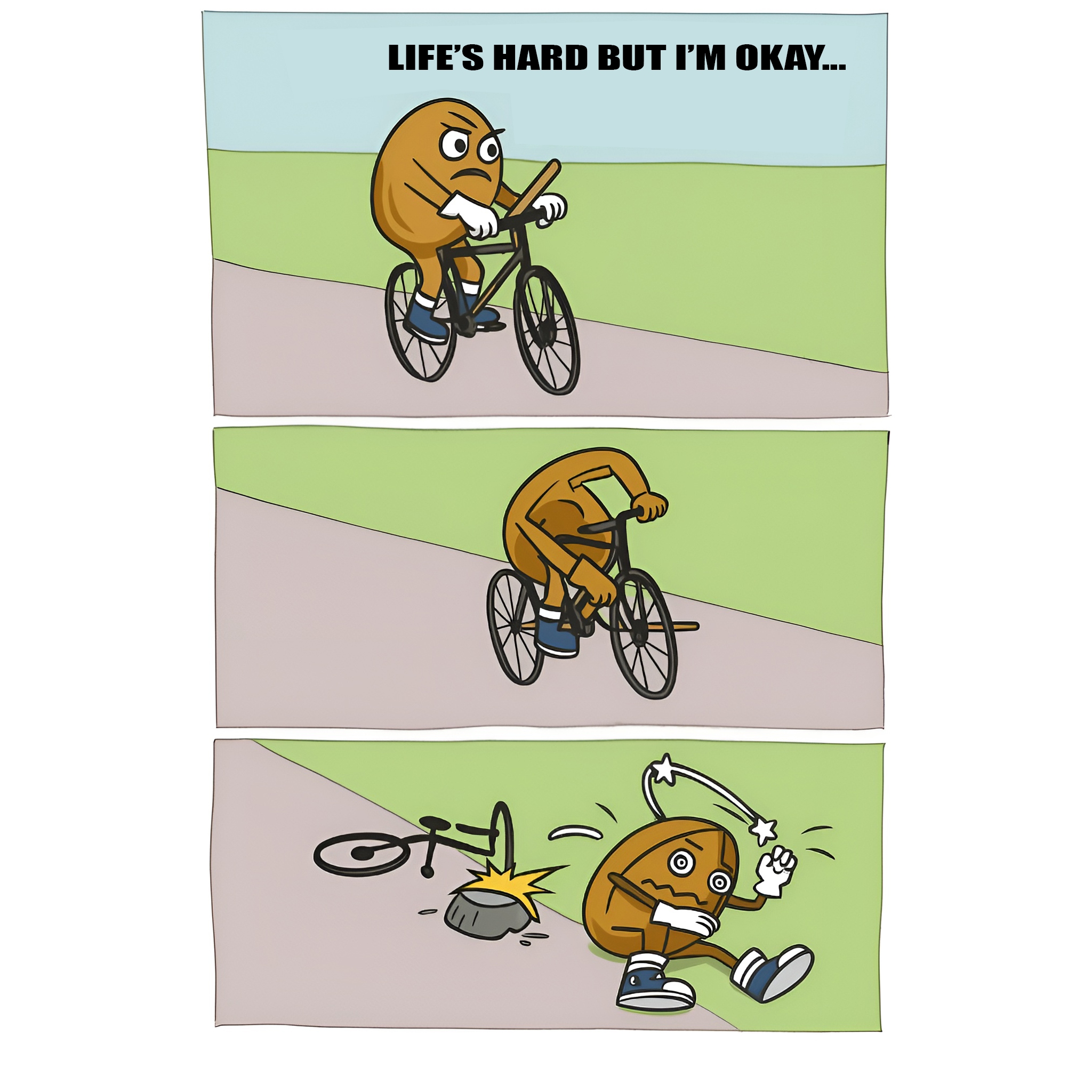 Cartoon Walnut Brain riding a bike, poking its own wheel with a stick, then falling and blaming the crash — representing how Non-Nurturing Elements™ cause self-sabotage.