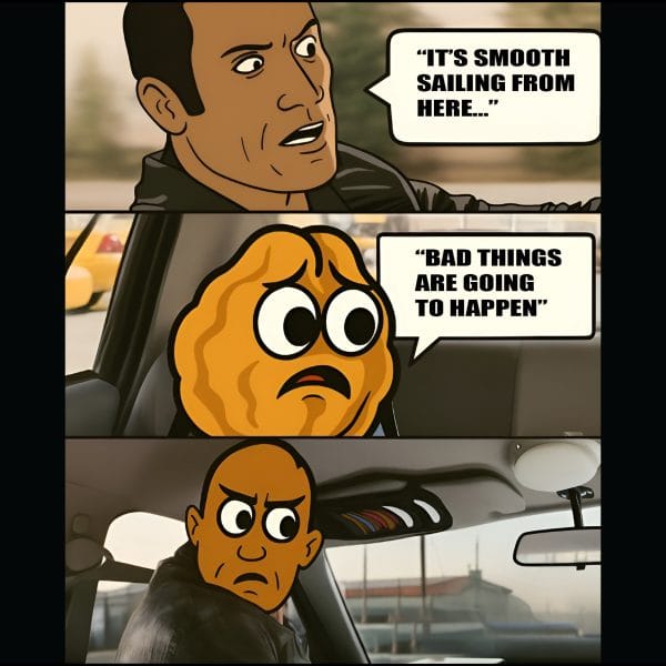 Rock driving meme with Walnut Brain interrupting positive thoughts, illustrating limiting beliefs.