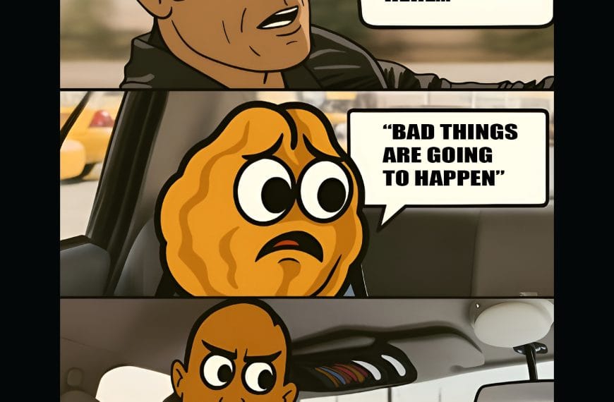Rock driving meme with Walnut Brain interrupting positive thoughts, illustrating limiting beliefs.