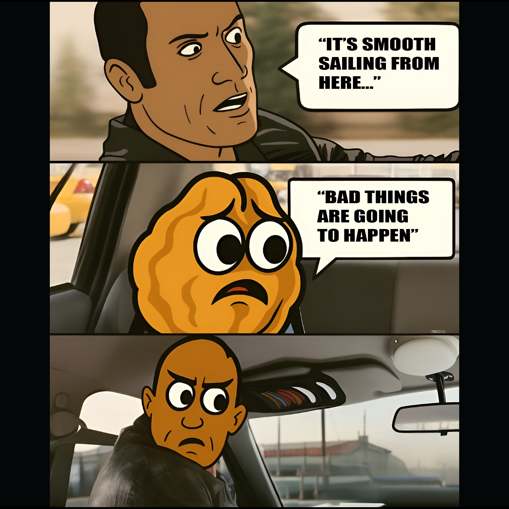 Rock driving meme with Walnut Brain interrupting positive thoughts, illustrating limiting beliefs.