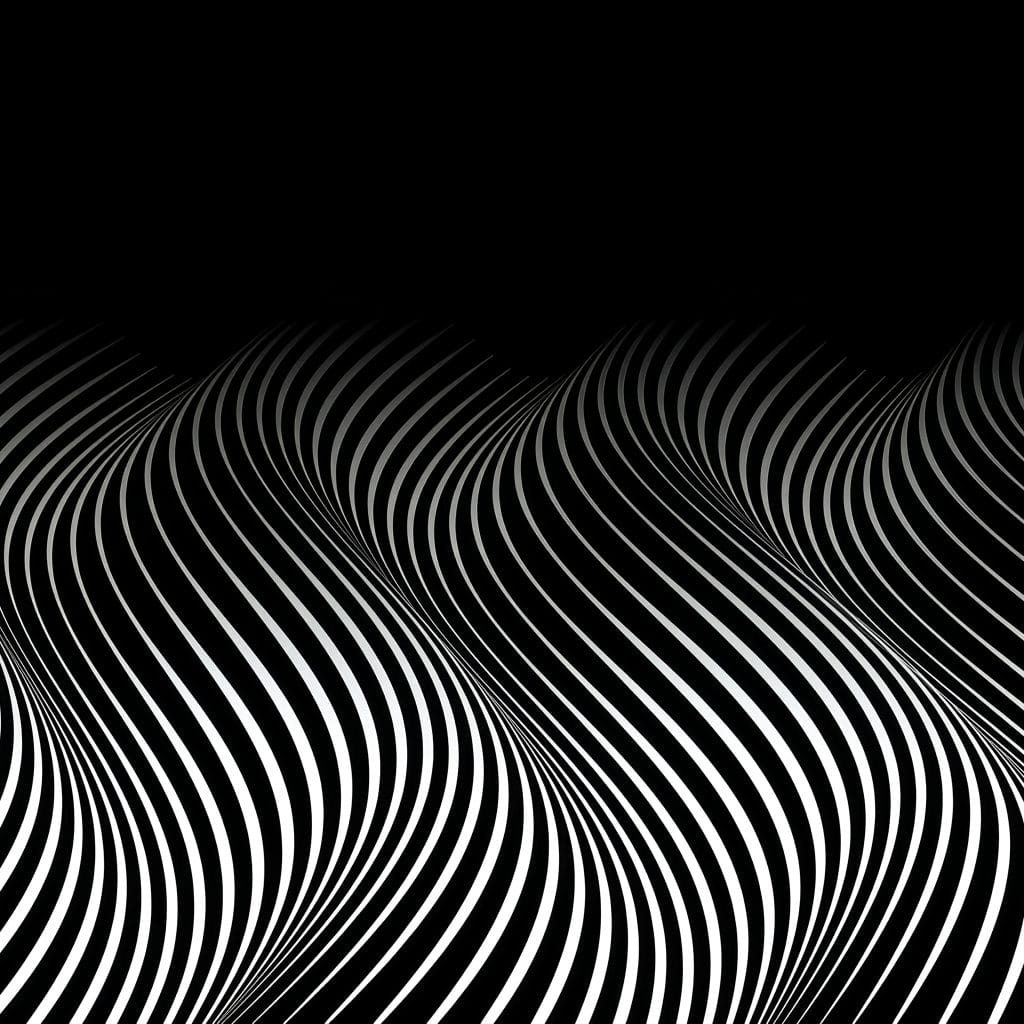 High-contrast black-and-white abstract image of flowing, wave-like contour lines repeating across a dark background.