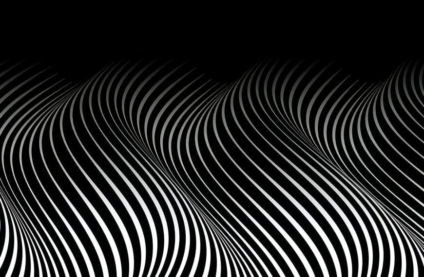 High-contrast black-and-white abstract image of flowing, wave-like contour lines repeating across a dark background.