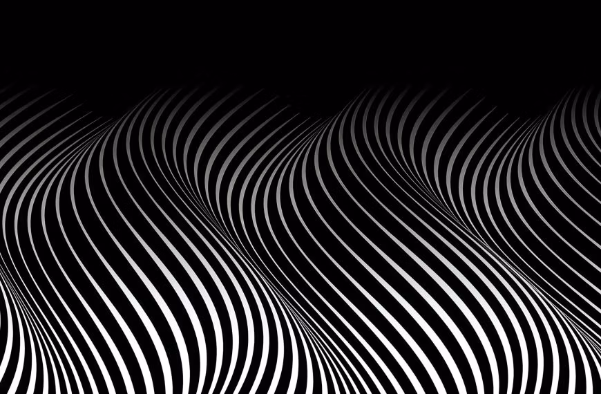 High-contrast black-and-white abstract image of flowing, wave-like contour lines repeating across a dark background.