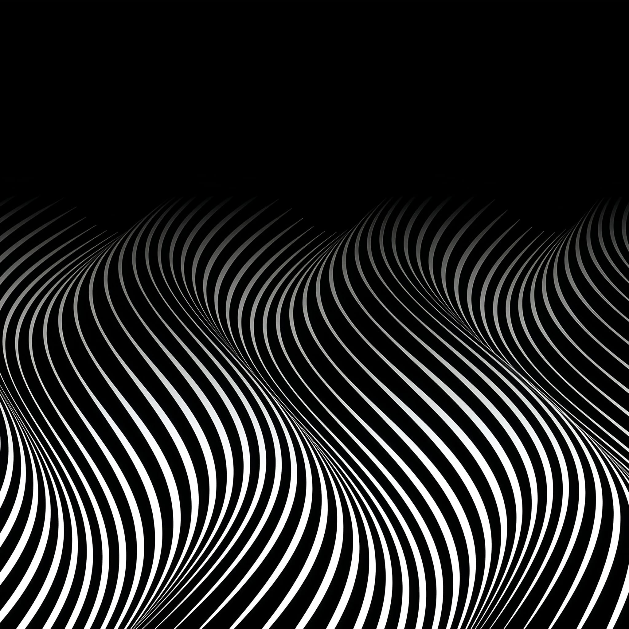 High-contrast black-and-white abstract image of flowing, wave-like contour lines repeating across a dark background.