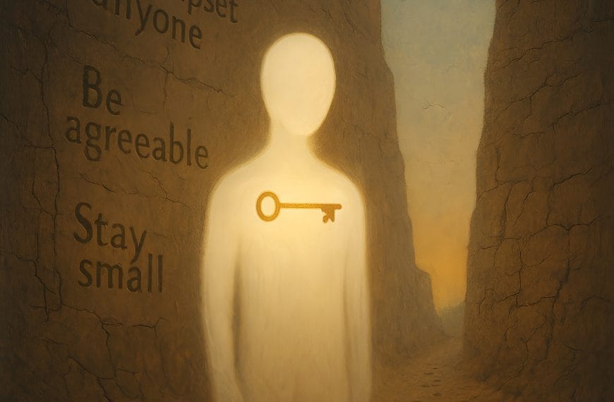 A glowing faceless figure stands in a canyon, holding a golden key at their throat as phrases like “Stay small” and “Be agreeable” crack and fade on the canyon walls.