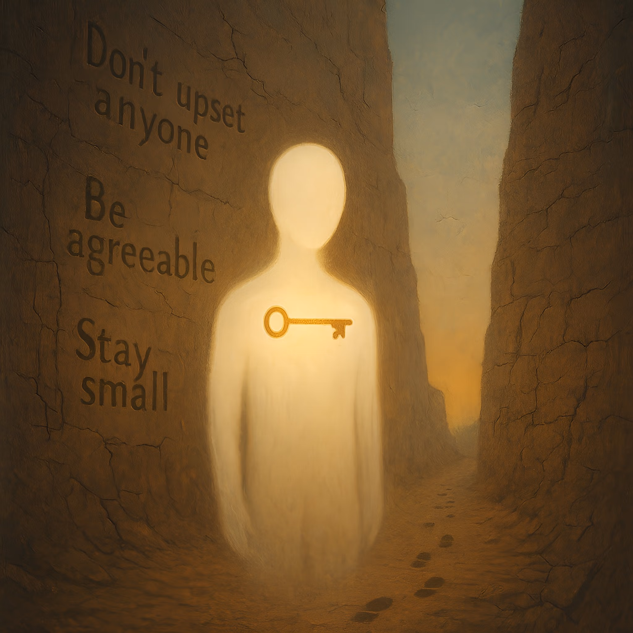 A glowing faceless figure stands in a canyon, holding a golden key at their throat as phrases like “Stay small” and “Be agreeable” crack and fade on the canyon walls.