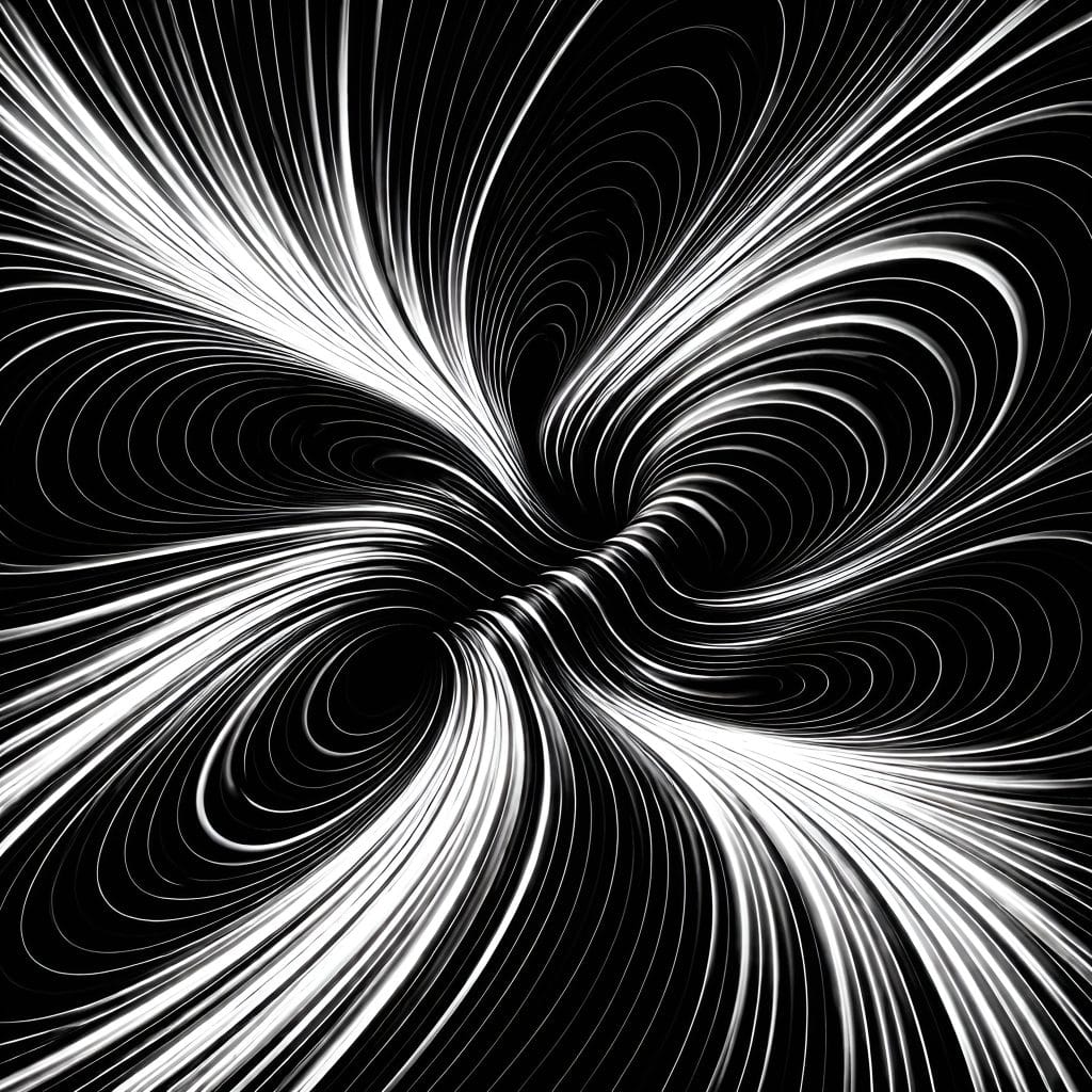 Abstract black-and-white contour-line pattern showing alternating expansion and compression, representing cyclical mood shifts and instability.