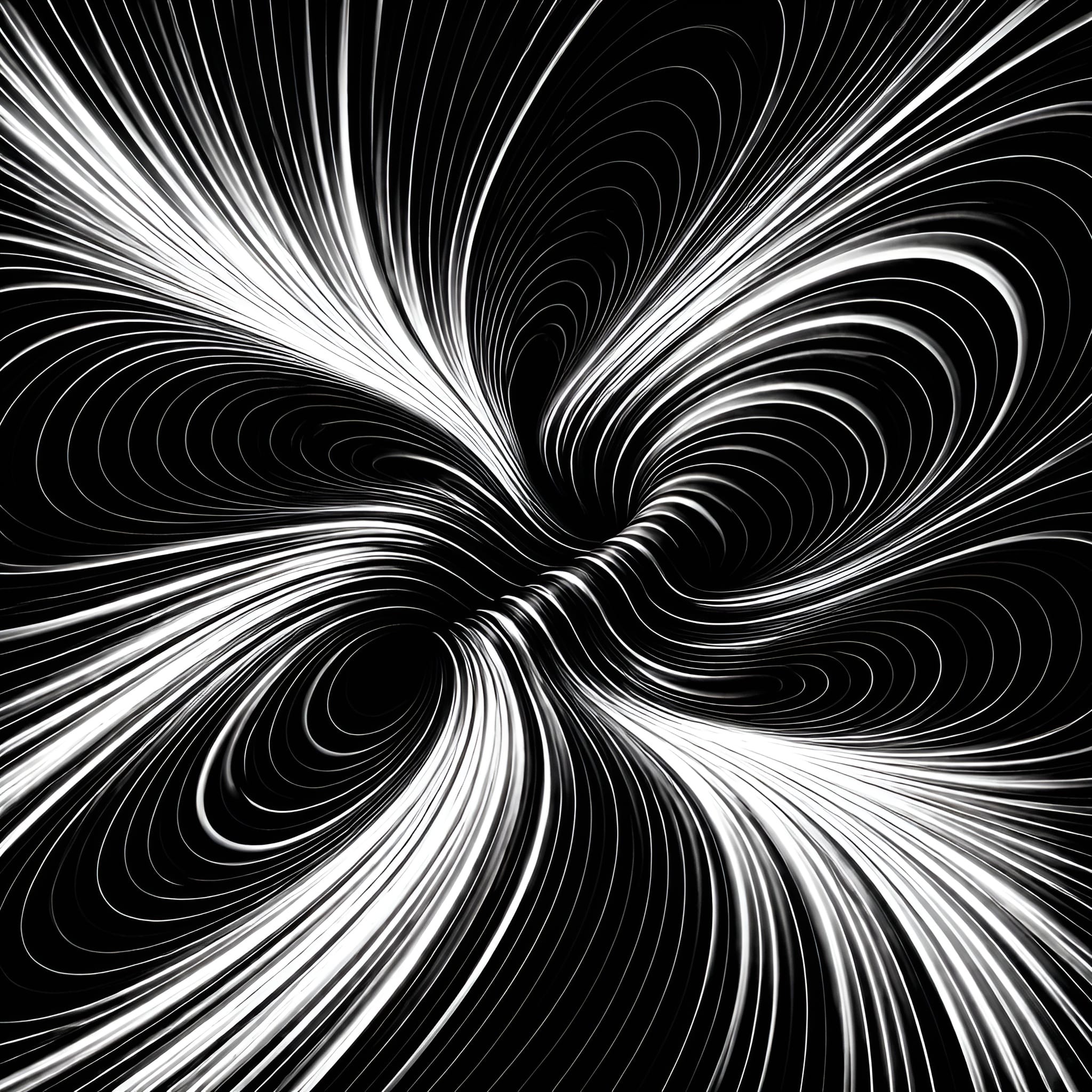 Abstract black-and-white contour-line pattern showing alternating expansion and compression, representing cyclical mood shifts and instability.