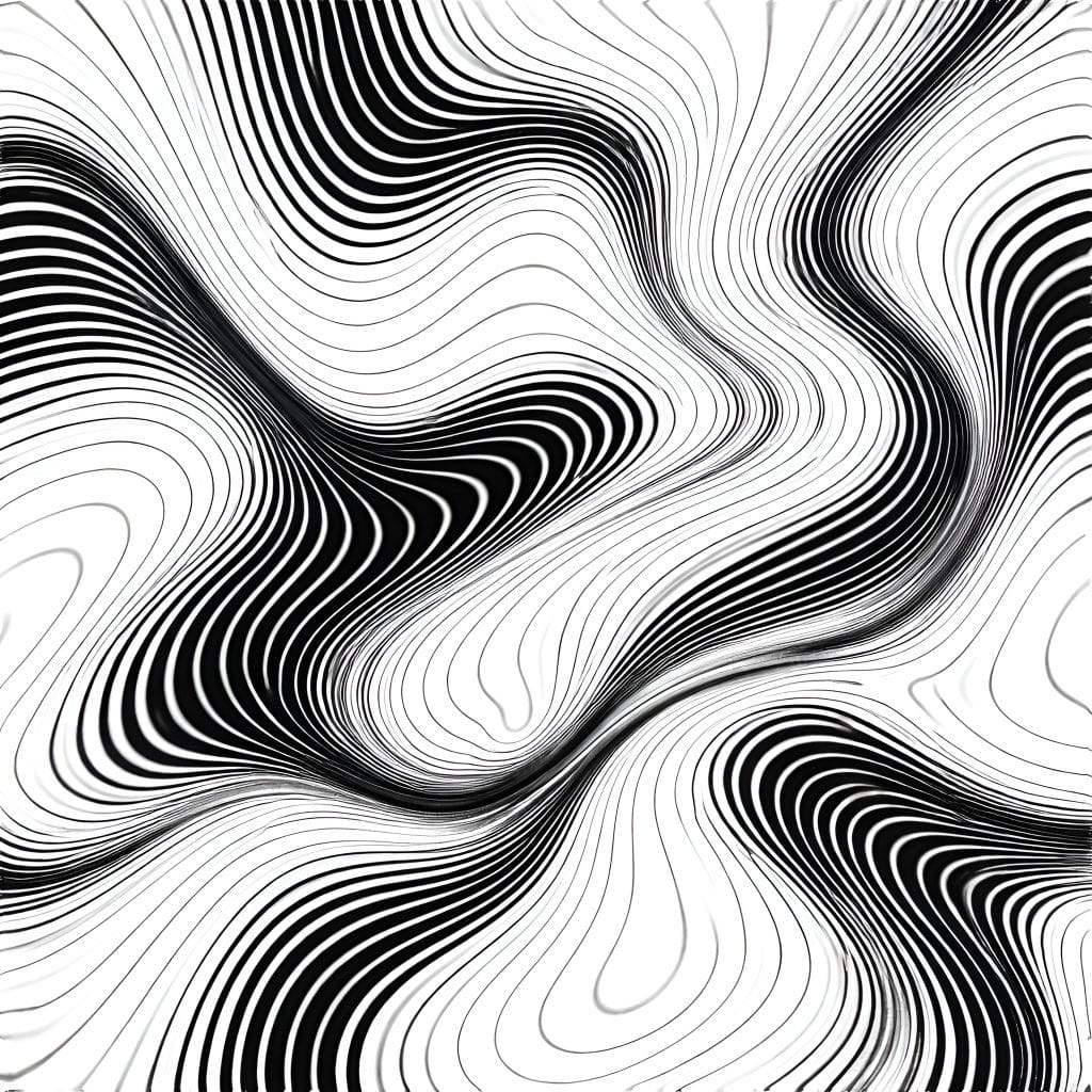 Abstract black-and-white image of tightly flowing contour lines forming distorted, wave-like patterns across the surface.