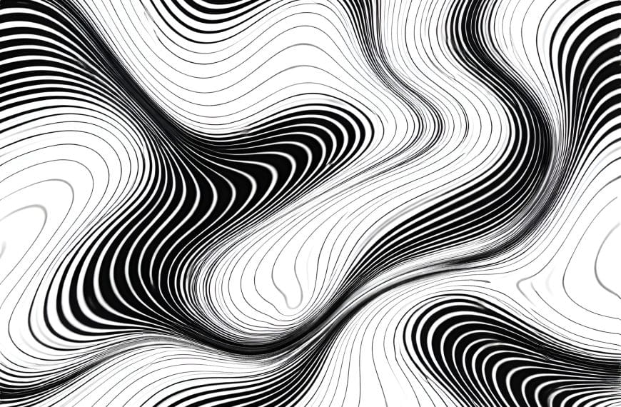 Abstract black-and-white image of tightly flowing contour lines forming distorted, wave-like patterns across the surface.