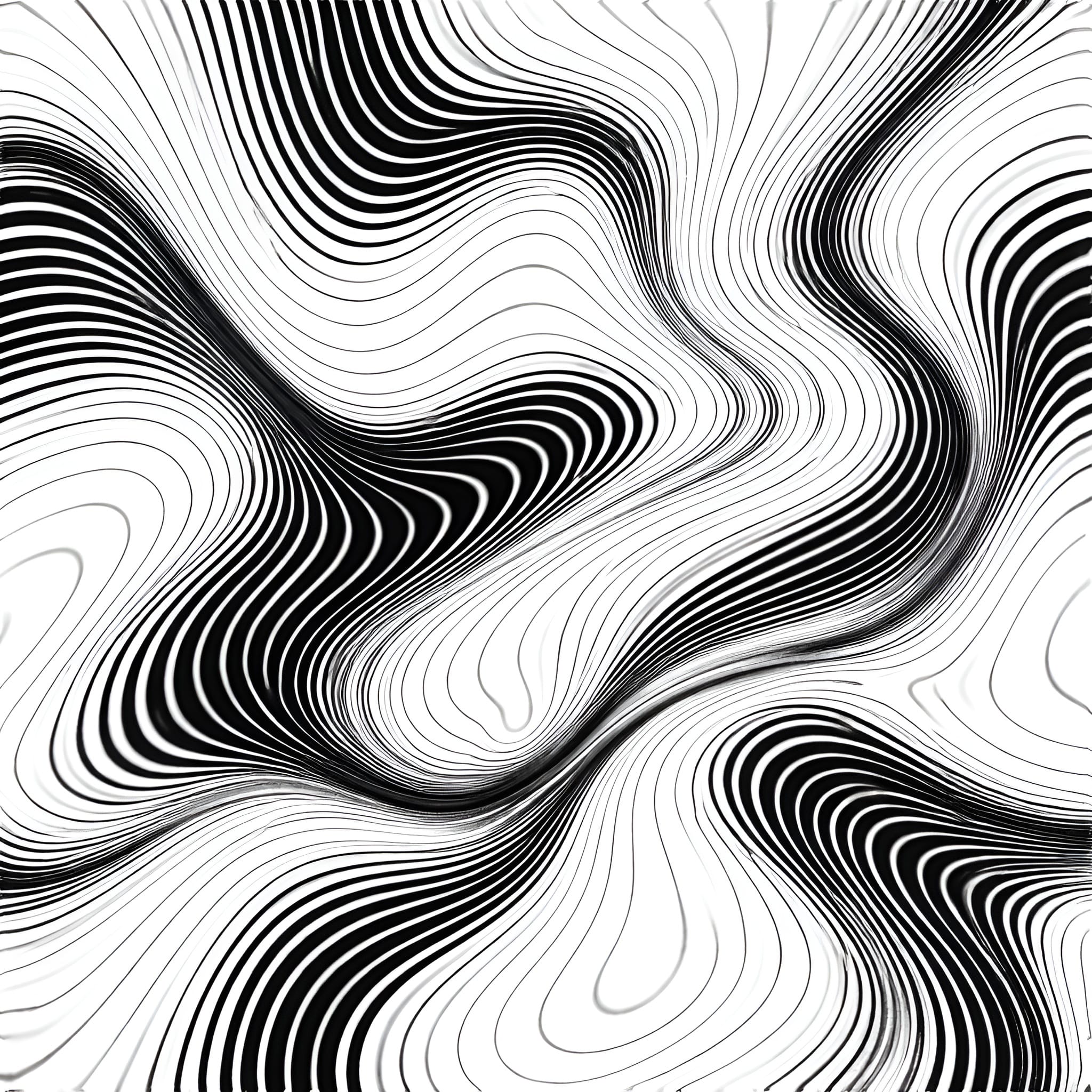 Abstract black-and-white image of tightly flowing contour lines forming distorted, wave-like patterns across the surface.
