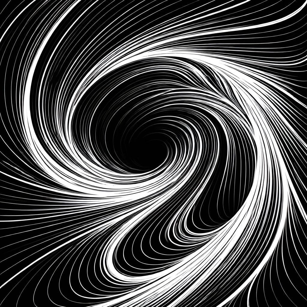 Abstract black-and-white contour lines forming a tight repeating loop, conveying urgency and cyclical pressure.
