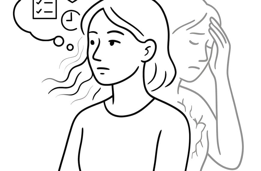Black-and-white line drawing of a woman with a calm expression and a transparent distressed version of herself behind, with a thought bubble showing a checklist, heart, and clock — symbolizing the hidden emotional strain of ADHD in women.