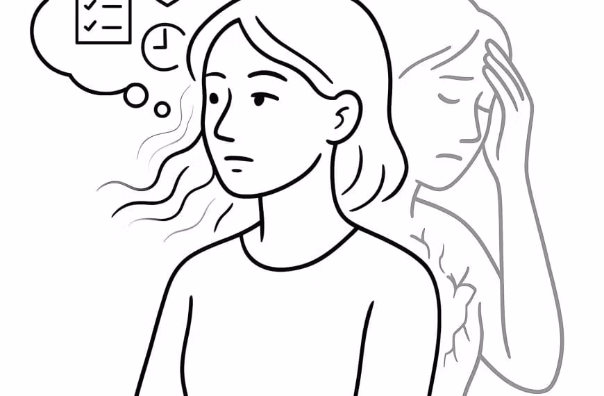 Black-and-white line drawing of a woman with a calm expression and a transparent distressed version of herself behind, with a thought bubble showing a checklist, heart, and clock — symbolizing the hidden emotional strain of ADHD in women.