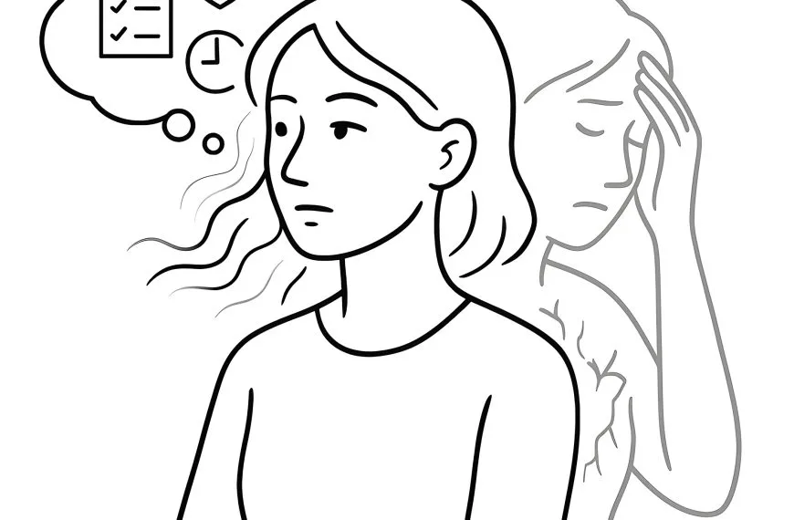 Black-and-white line drawing of a woman with a calm expression and a transparent distressed version of herself behind, with a thought bubble showing a checklist, heart, and clock — symbolizing the hidden emotional strain of ADHD in women.