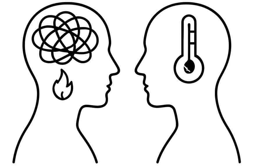 Minimalist line drawing showing two head silhouettes — one with tangled thoughts and a flame, the other with a cracked thermometer — representing ADHD and burnout patterns.