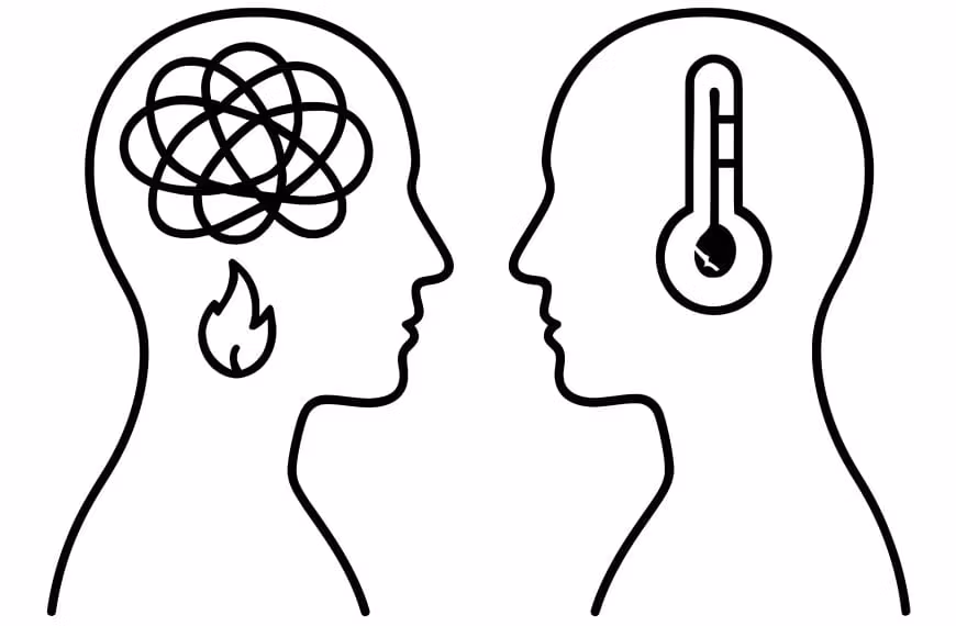 Minimalist line drawing showing two head silhouettes — one with tangled thoughts and a flame, the other with a cracked thermometer — representing ADHD and burnout patterns.