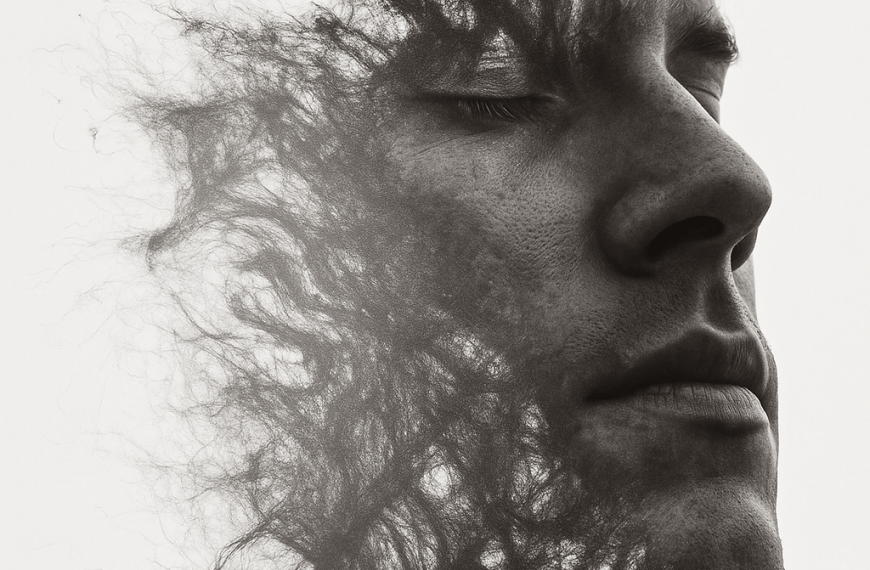 Burnout therapy concept showing a face dissolving into root-like strands, symbolizing identity unraveling