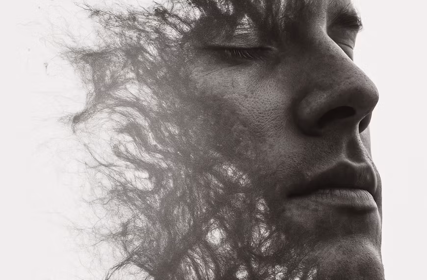 Burnout therapy concept showing a face dissolving into root-like strands, symbolizing identity unraveling