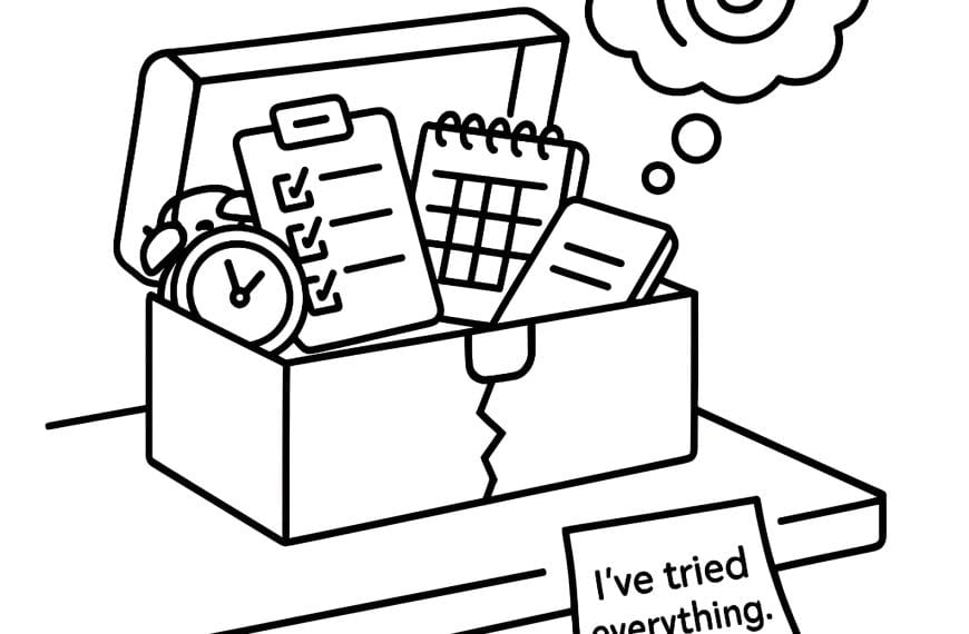 Hand-drawn toolbox overflowing with papers, lists, and timers, with a spiral thought bubble floating above — a metaphor for coping fatigue and burnout.