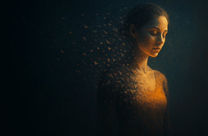 Surreal digital illustration of a woman in mid-transformation, symbolizing identity-level psychological change as practiced by ShiftGrit Psychology & Counselling in Calgary and Alberta.