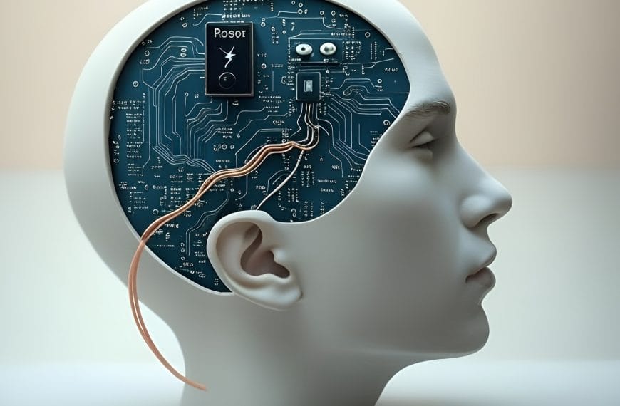 Side profile of a human head with a circuit board embedded in the brain, representing internal system upgrade and identity-level pattern reprogramming.
