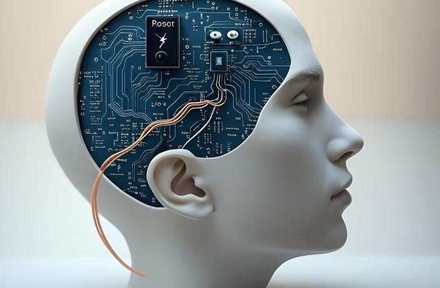 Side profile of a human head with a circuit board embedded in the brain, representing internal system upgrade and identity-level pattern reprogramming.