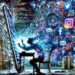 A digital illustration of a person being pulled into a glowing smartphone screen, symbolizing internet addiction and digital overwhelm.