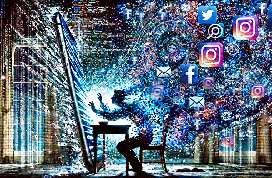 A digital illustration of a person being pulled into a glowing smartphone screen, symbolizing internet addiction and digital overwhelm.