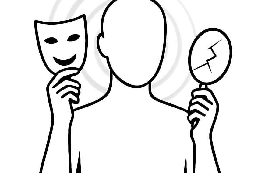 Minimalist black-and-white line drawing of a faceless figure holding a theatrical mask and a cracked mirror — a metaphor for the hidden identity loops behind shame-driven self-sabotage.