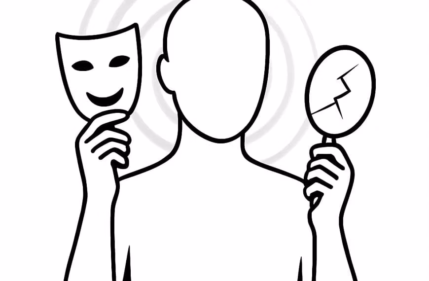 Minimalist black-and-white line drawing of a faceless figure holding a theatrical mask and a cracked mirror — a metaphor for the hidden identity loops behind shame-driven self-sabotage.