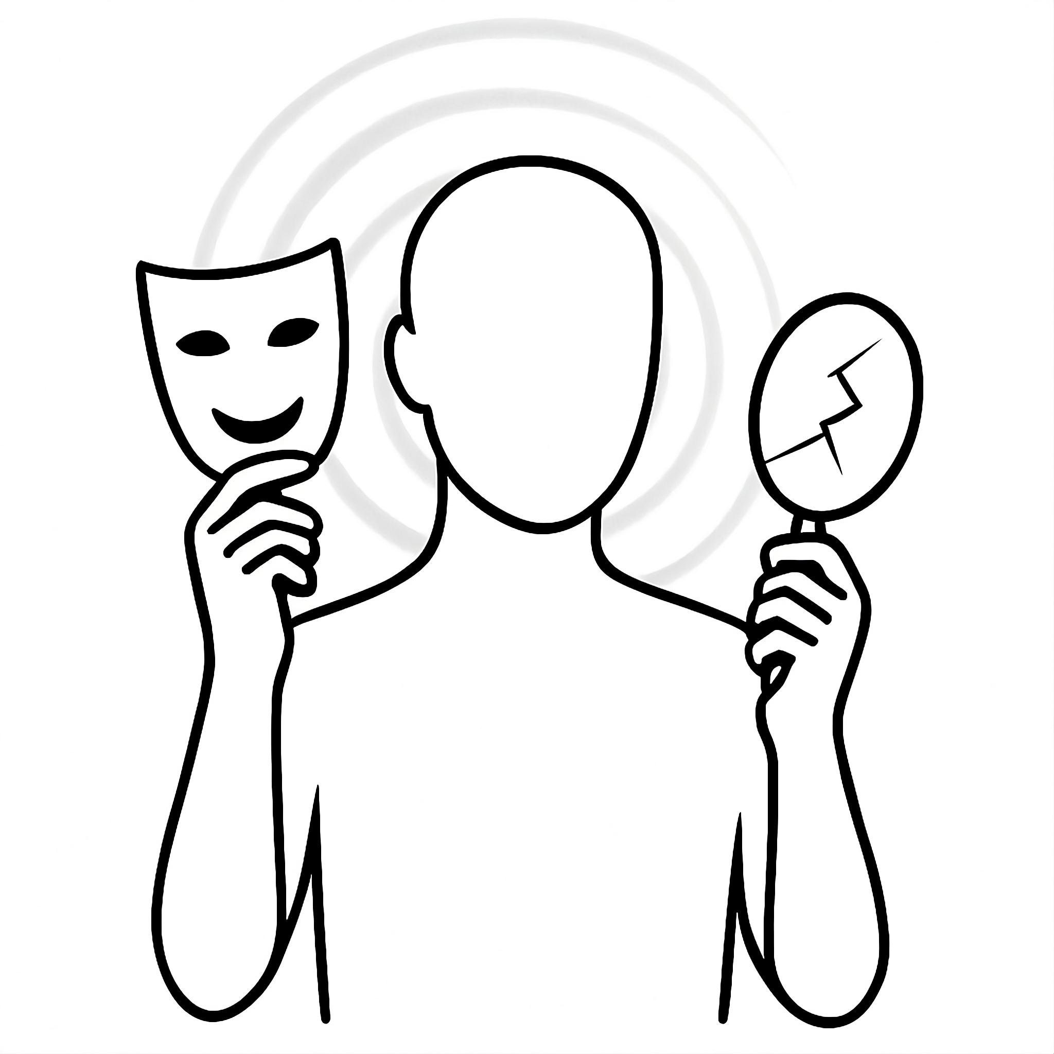 Minimalist black-and-white line drawing of a faceless figure holding a theatrical mask and a cracked mirror — a metaphor for the hidden identity loops behind shame-driven self-sabotage.