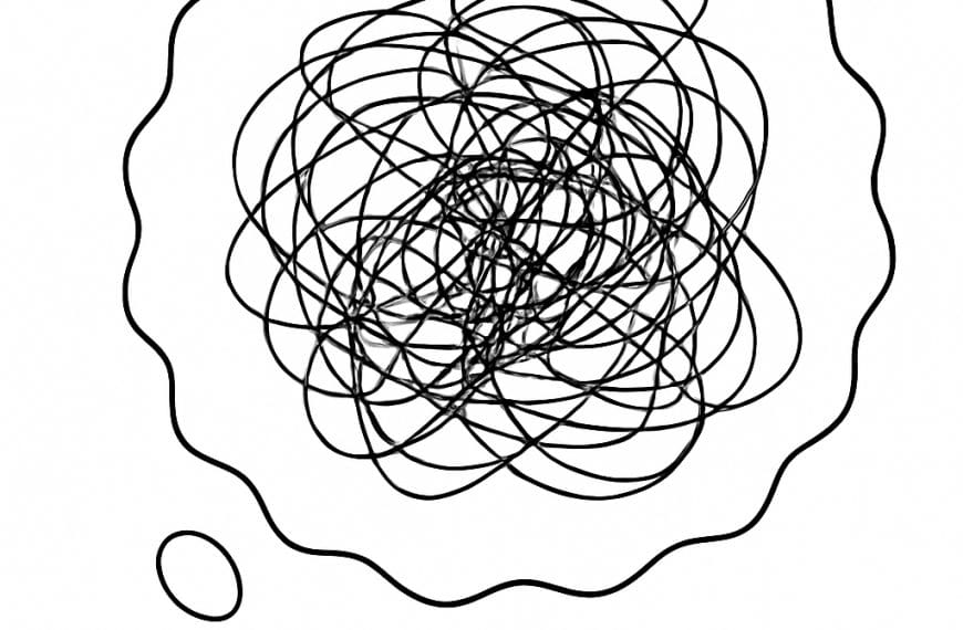 Minimalist black line drawing of a tangled thought bubble, representing limiting beliefs and internal patterns targeted through Identity Patterns Therapy at ShiftGrit Calgary.