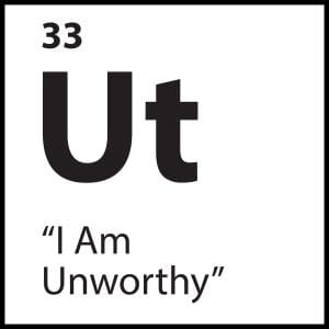 Black and white minimalist graphic representing emotional burnout and performance-driven worth, titled “I Am Unworthy.”