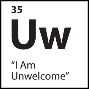 Minimalist black-and-white graphic for the belief “I Am Unwelcome,” representing social exclusion and masked disconnection.