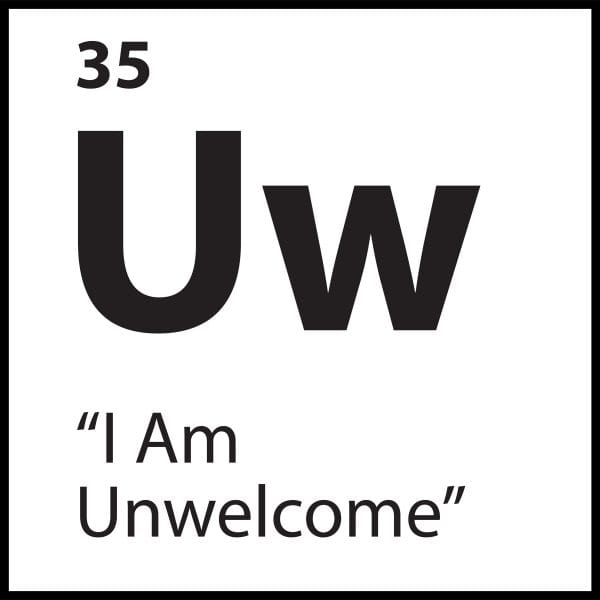 Minimalist black-and-white graphic for the belief “I Am Unwelcome,” representing social exclusion and masked disconnection.