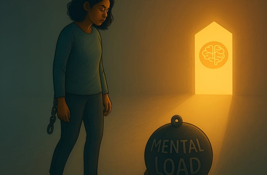 A conceptual illustration of a high-functioning woman burdened by mental and emotional overload, symbolizing the ADHD–burnout loop common in perfectionist adults.
