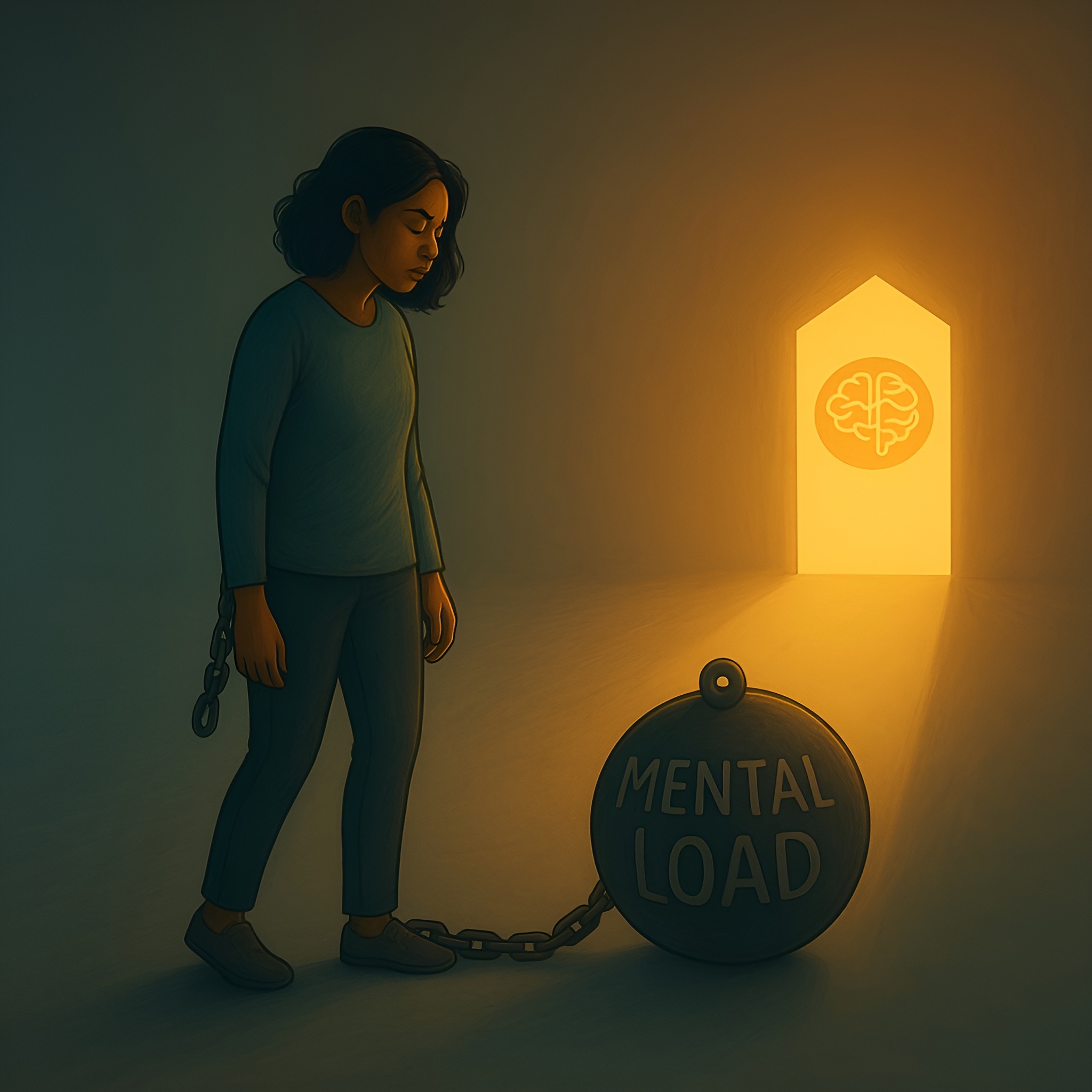 A conceptual illustration of a high-functioning woman burdened by mental and emotional overload, symbolizing the ADHD–burnout loop common in perfectionist adults.