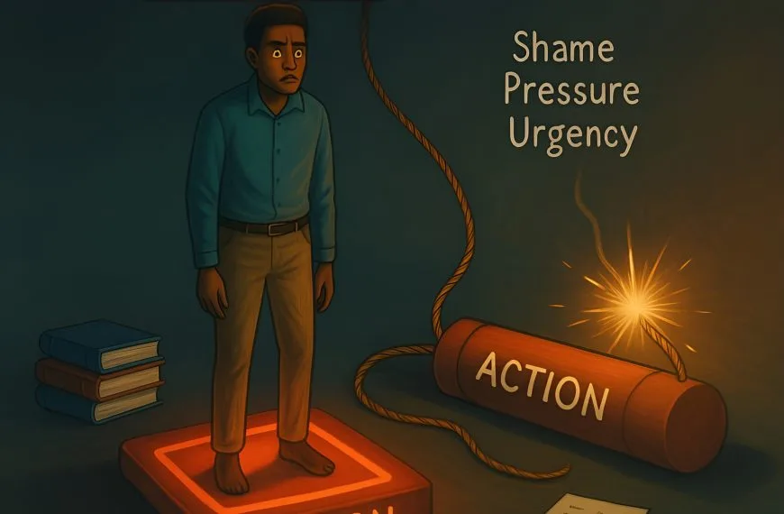 A person stands frozen on a glowing countdown platform, about to be launched into action by emotional urgency, symbolizing ADHD procrastination loops.