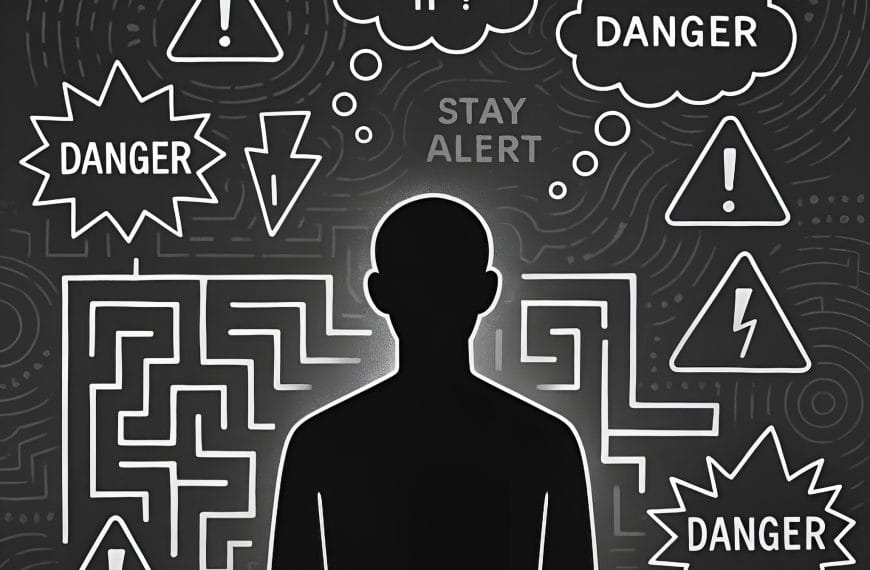Black and white abstract illustration symbolizing distorted perception and hypervigilant mental loops—anxiety patterns visualized.
