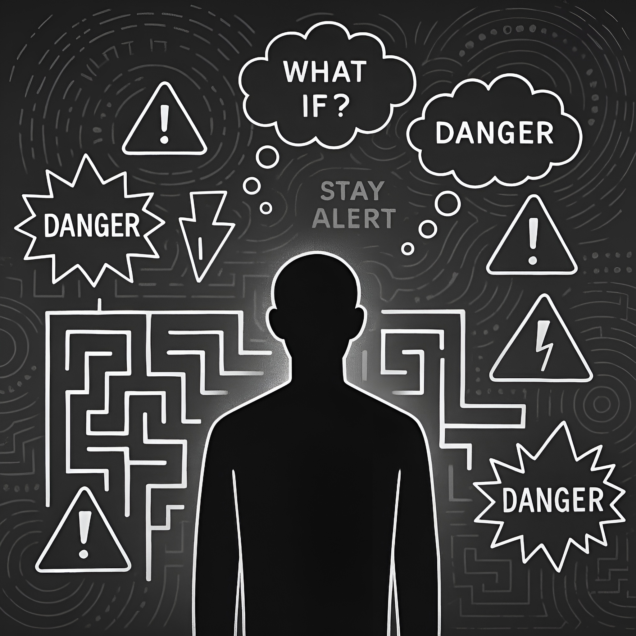 Black and white abstract illustration symbolizing distorted perception and hypervigilant mental loops—anxiety patterns visualized.