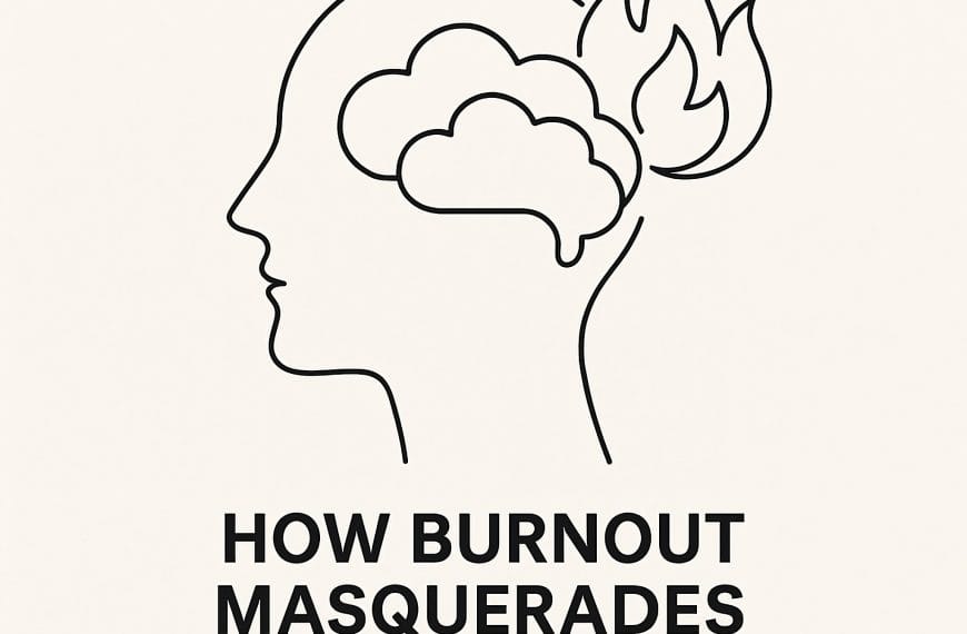 Minimalist black line drawing of a figure split in two, symbolizing how burnout often disguises itself as anxiety.