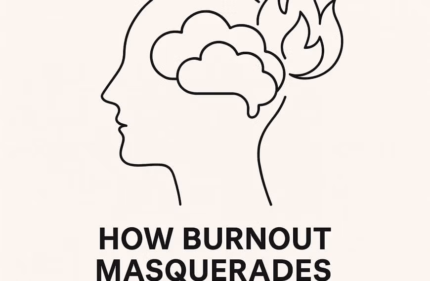 Minimalist black line drawing of a figure split in two, symbolizing how burnout often disguises itself as anxiety.