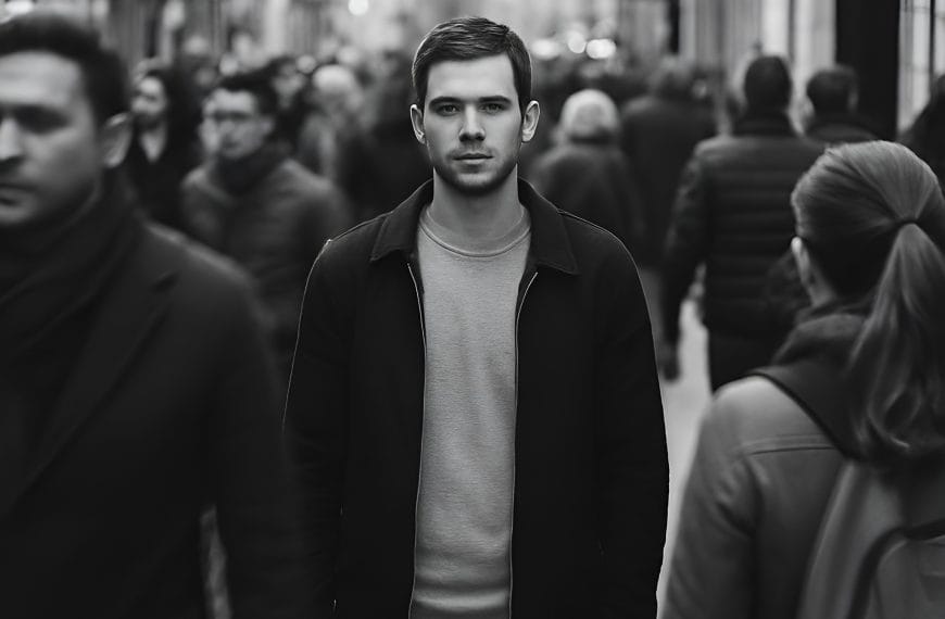 A lone figure stands frozen while blurred figures rush around him — a visual metaphor for the burnout freeze response.