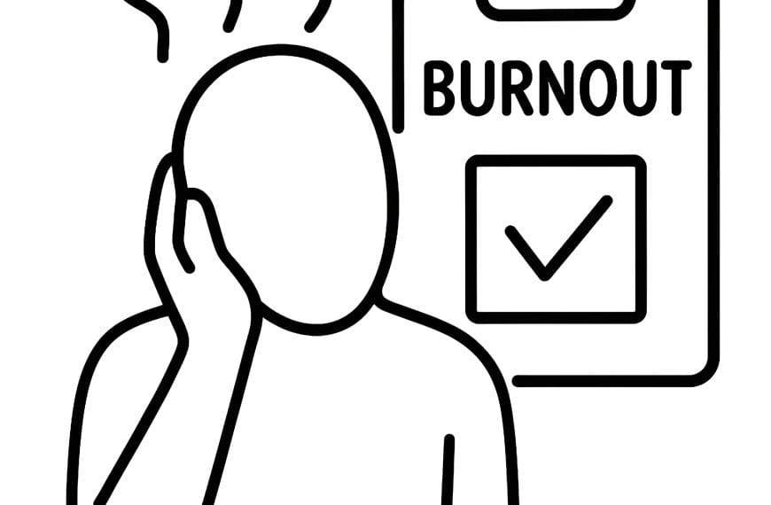 Minimalist line drawing of a human figure holding broken gears inside a head silhouette—representing the internal collapse caused by identity-level burnout patterns.