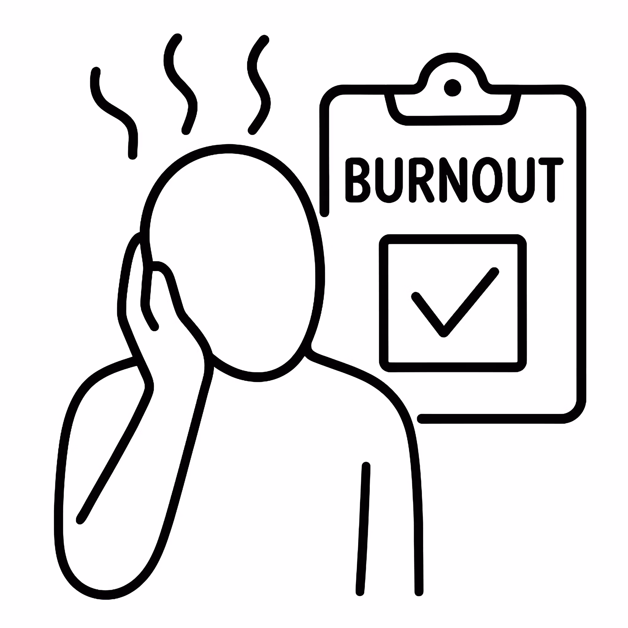 Minimalist line drawing of a human figure holding broken gears inside a head silhouette—representing the internal collapse caused by identity-level burnout patterns.