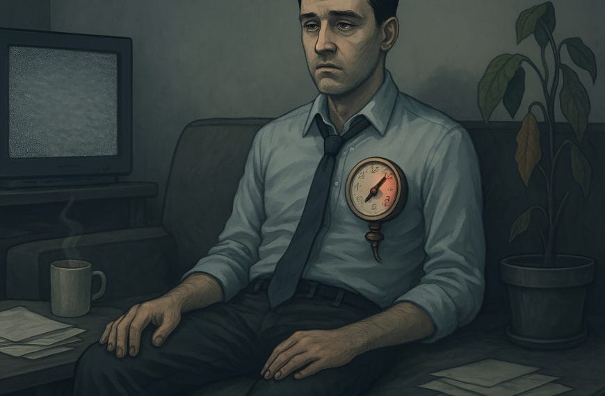 Illustration of a man with a pressure gauge on his chest, sitting blankly in a dark room—symbolizing emotional shutdown and burnout in men.